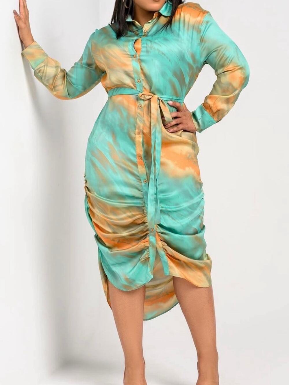 Watercolor Abstract Belted Satin Dress Painterly No stretch NWT Teal Peach 3X